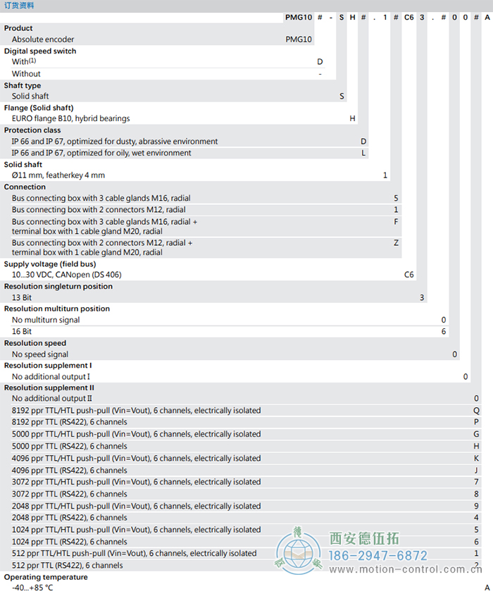 PMG10 - CANopen®絕對(duì)值重載編碼器訂貨選型參考(?11 mm實(shí)心軸，帶歐式法蘭B10或外殼支腳) - 西安德伍拓自動(dòng)化傳動(dòng)系統(tǒng)有限公司